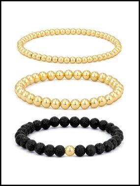 Gold Plated Lava Rock Beaded Stretch Bracelet Set Stackable